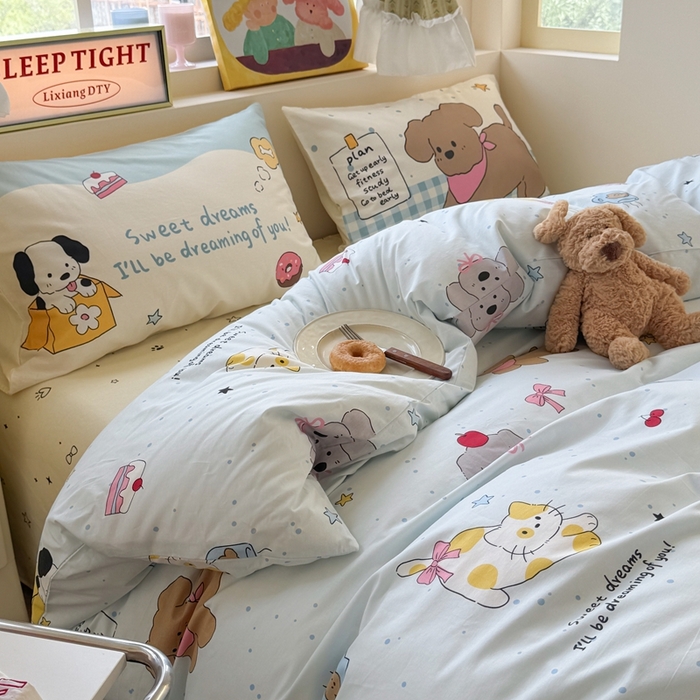 91家纺网 家纺一手货源 找家纺 觅糖家纺 2025新款开学季40支13370全棉纯棉斜纹四件套 皮皮狗-兰