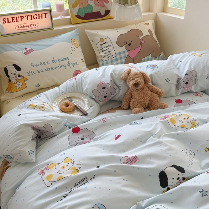 91家纺网 家纺一手货源 找家纺 觅糖家纺 2025新款开学季40支13370全棉纯棉斜纹四件套 皮皮狗-兰