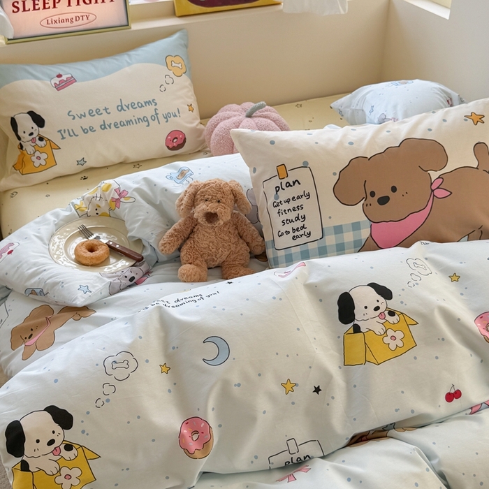 91家纺网 家纺一手货源 找家纺 觅糖家纺 2025新款开学季40支13370全棉纯棉斜纹四件套 皮皮狗-兰