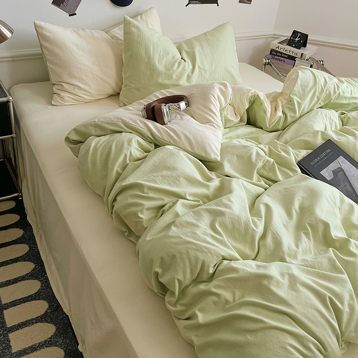 91家纺网 家纺一手货源 找家纺 梦卓家纺 2025爆款ins风超柔褶皱亲肤磨毛水洗棉四件套 奶酪薄荷