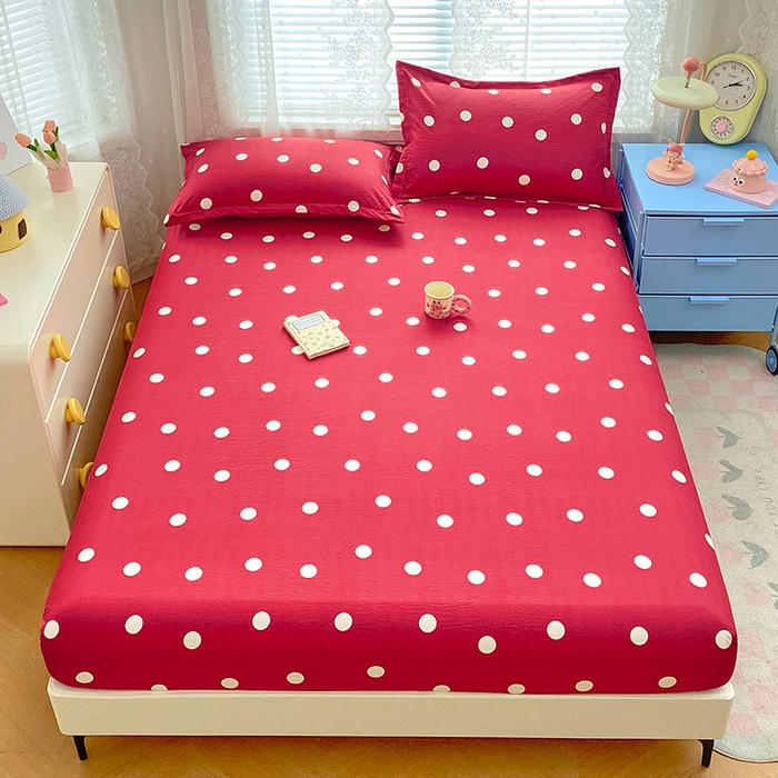 91家纺网 家纺一手货源 找家纺 梦舒羽 2025新款双层纱床笠机洗家用防滑透气床罩床垫床单保护套-缤纷波点 波点-大红色