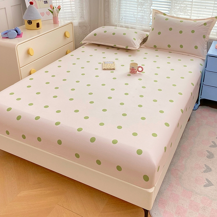 91家纺网 家纺一手货源 找家纺 梦舒羽 2025新款双层纱床笠机洗家用防滑透气床罩床垫床单保护套-缤纷波点 波点-清新绿