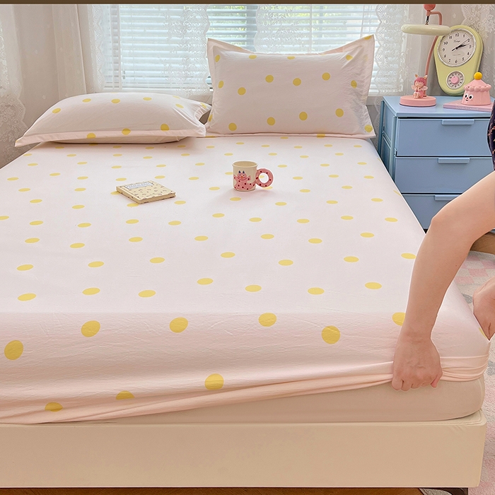 91家纺网 家纺一手货源 找家纺 梦舒羽 2025新款双层纱床笠机洗家用防滑透气床罩床垫床单保护套-缤纷波点 波点-向阳黄