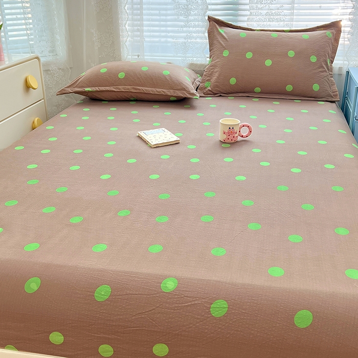 91家纺网 家纺一手货源 找家纺 梦舒羽 2025新款双层纱床笠机洗家用防滑透气床罩床垫床单保护套-缤纷波点 波点-卡其绿