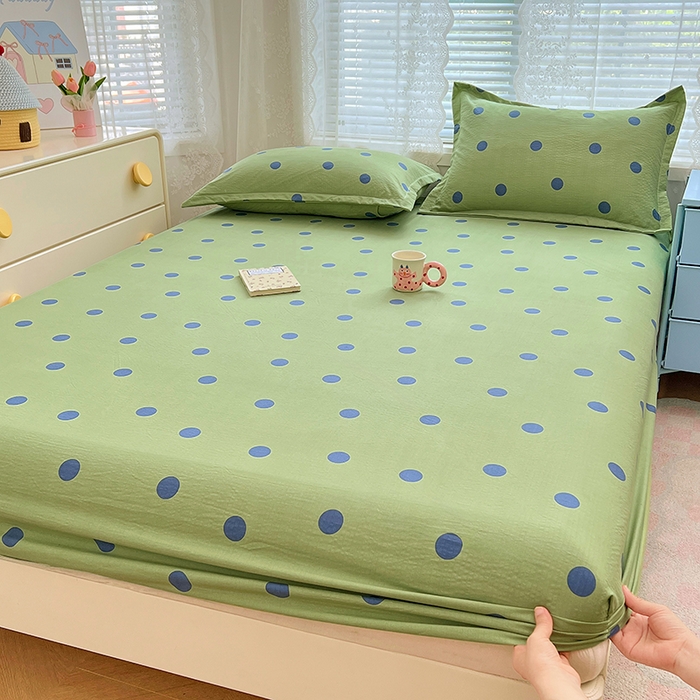 91家纺网 家纺一手货源 找家纺 梦舒羽 2025新款双层纱床笠机洗家用防滑透气床罩床垫床单保护套-缤纷波点 波点-布鲁蓝