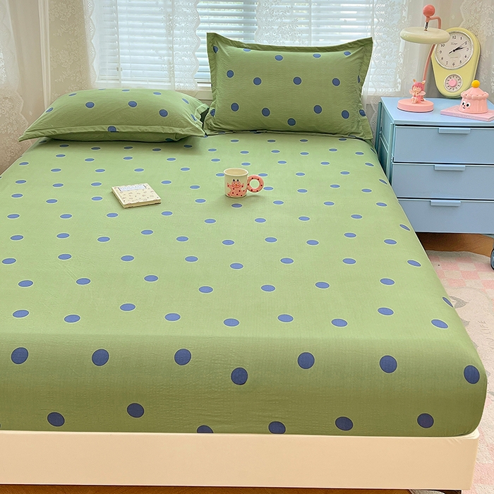 91家纺网 家纺一手货源 找家纺 梦舒羽 2025新款双层纱床笠机洗家用防滑透气床罩床垫床单保护套-缤纷波点 波点-布鲁蓝