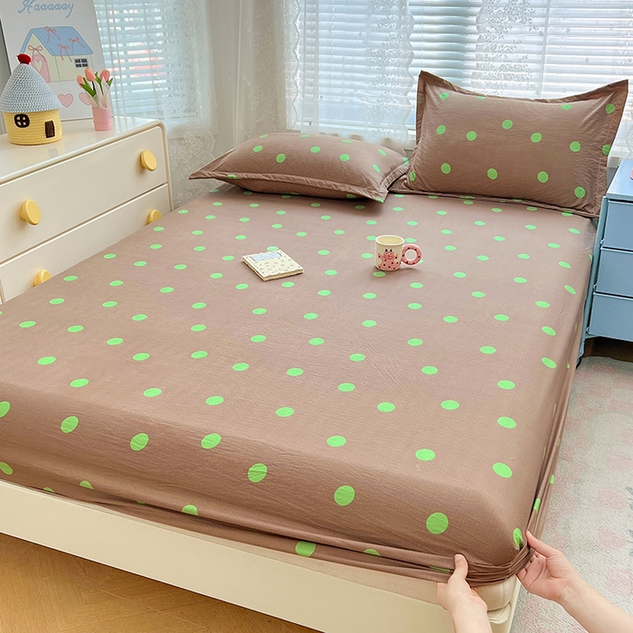 91家纺网 家纺一手货源 找家纺 梦舒羽 2025新款双层纱床笠机洗家用防滑透气床罩床垫床单保护套-缤纷波点 波点-卡其绿