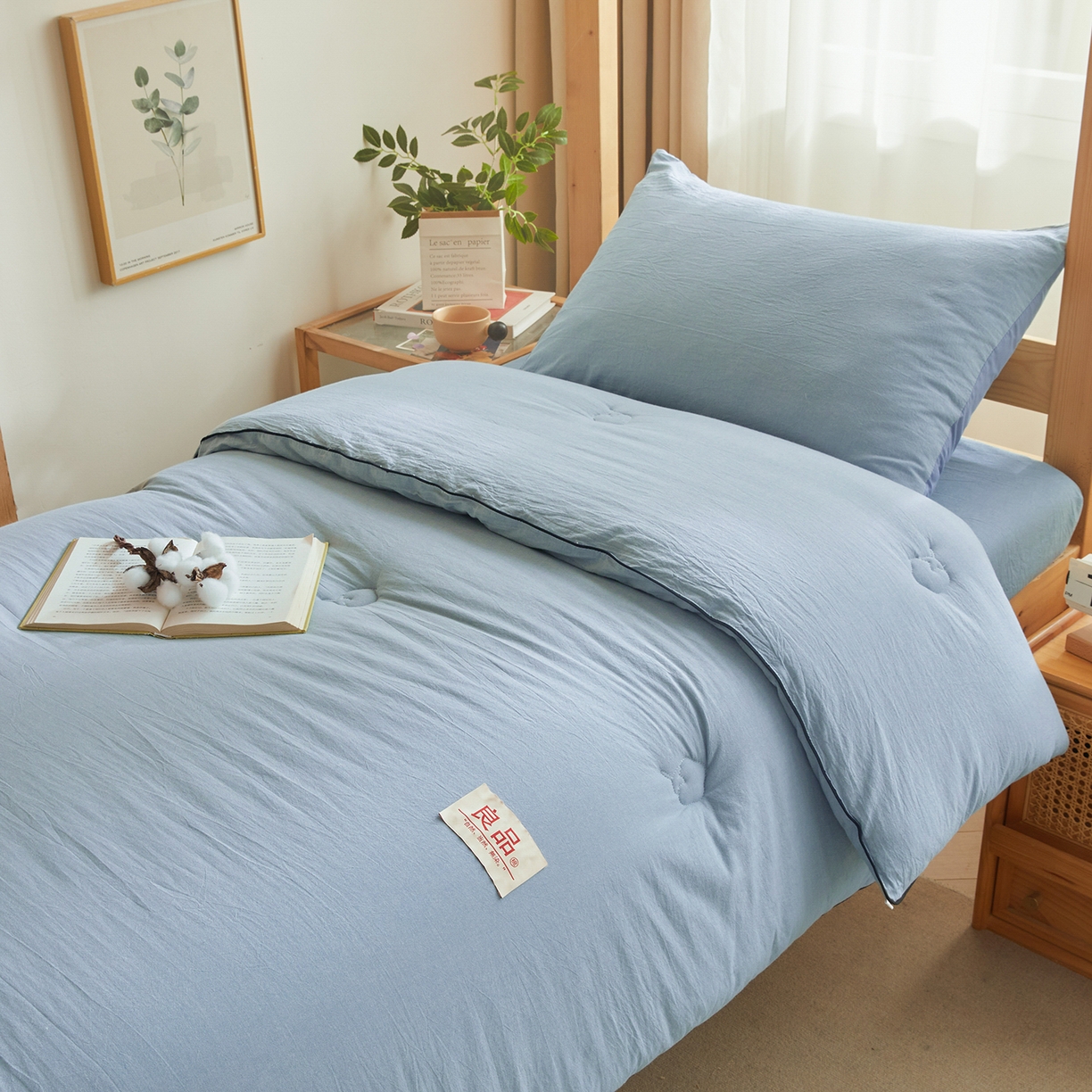 91家纺网 家纺一手货源 找家纺 熙宴家纺 2025新款水洗棉嵌绳款100%新疆棉花被 雾蓝