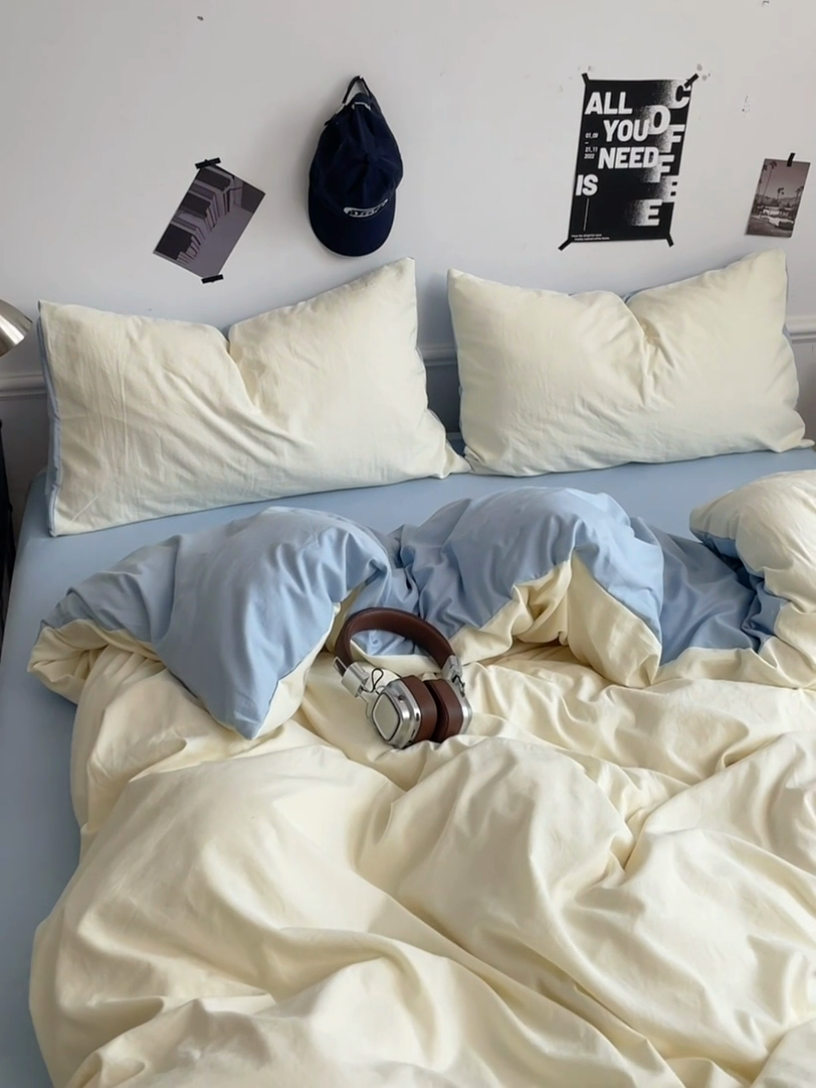 91家纺网 家纺一手货源 找家纺 梦卓家纺 2025爆款ins风超柔褶皱亲肤磨毛水洗棉四件套 天蓝椰冰