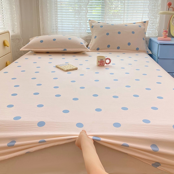 91家纺网 家纺一手货源 找家纺 梦舒羽 2025新款双层纱床笠机洗家用防滑透气床罩床垫床单保护套-缤纷波点 波点-浅天蓝