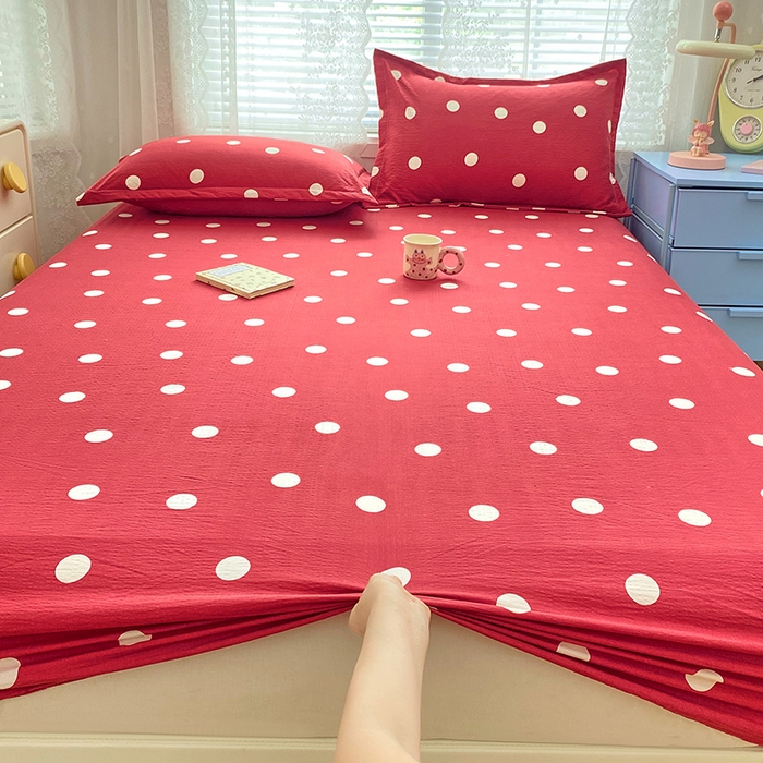 91家纺网 家纺一手货源 找家纺 梦舒羽 2025新款双层纱床笠机洗家用防滑透气床罩床垫床单保护套-缤纷波点 波点-大红色