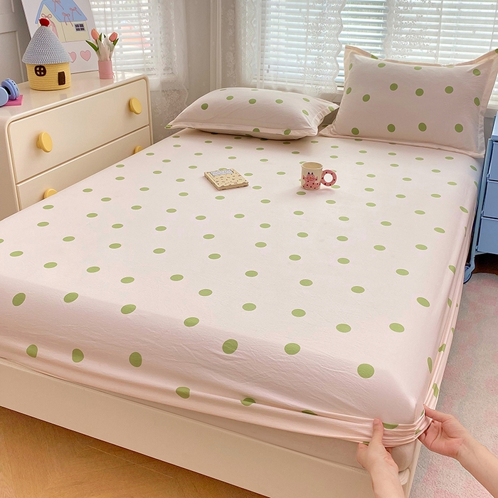 91家纺网 家纺一手货源 找家纺 梦舒羽 2025新款双层纱床笠机洗家用防滑透气床罩床垫床单保护套-缤纷波点 波点-清新绿