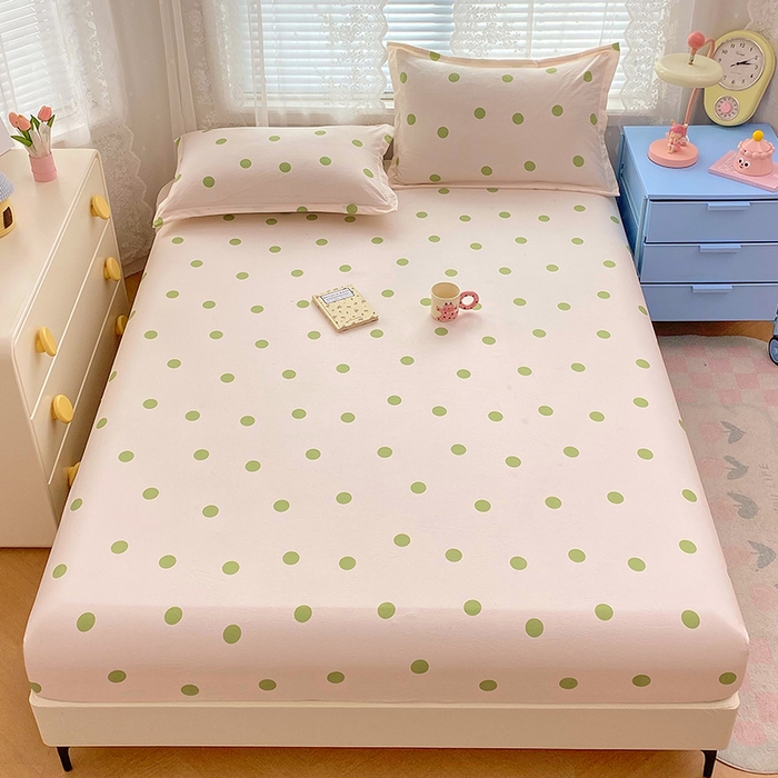 91家纺网 家纺一手货源 找家纺 梦舒羽 2025新款双层纱床笠机洗家用防滑透气床罩床垫床单保护套-缤纷波点 波点-清新绿