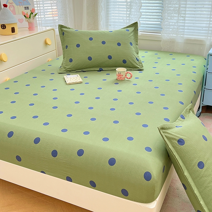 91家纺网 家纺一手货源 找家纺 梦舒羽 2025新款双层纱床笠机洗家用防滑透气床罩床垫床单保护套-缤纷波点 波点-布鲁蓝