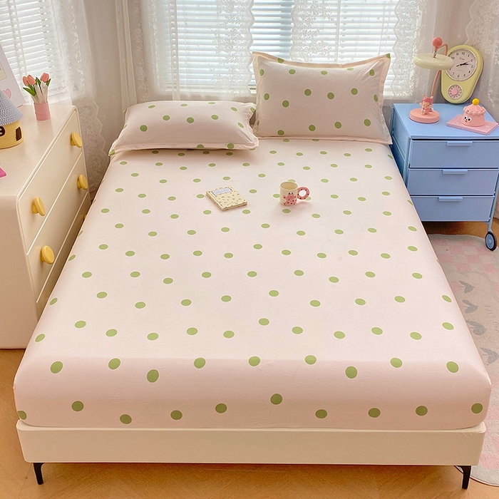91家纺网 家纺一手货源 找家纺 梦舒羽 2025新款双层纱床笠机洗家用防滑透气床罩床垫床单保护套-缤纷波点 波点-清新绿