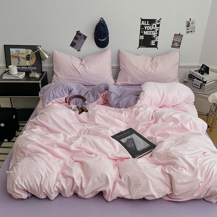 梦卓家纺 2025爆款ins风超柔褶皱亲肤磨毛水洗棉四件套 粉果气泡