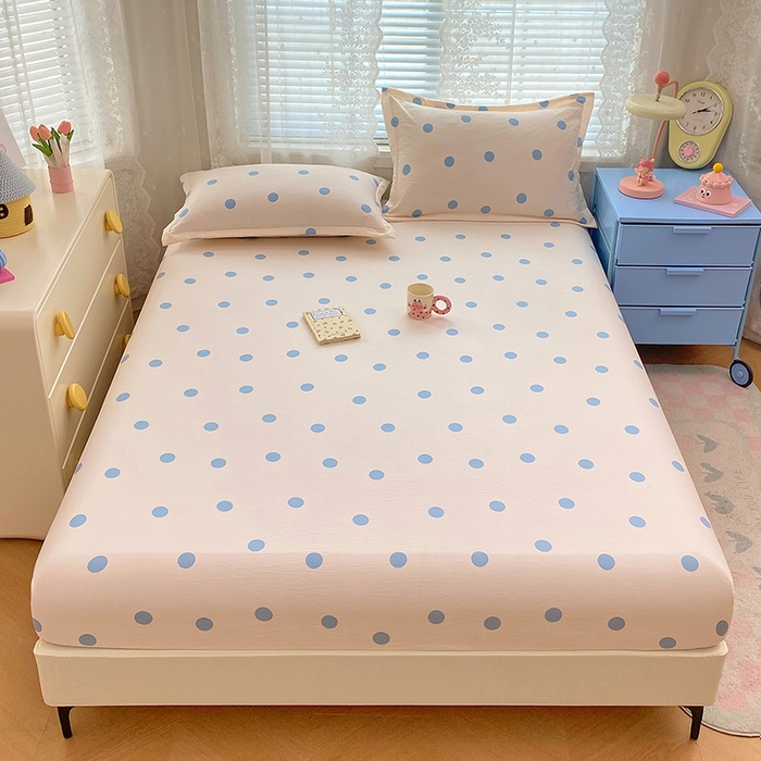 91家纺网 家纺一手货源 找家纺 梦舒羽 2025新款双层纱床笠机洗家用防滑透气床罩床垫床单保护套-缤纷波点 波点-浅天蓝