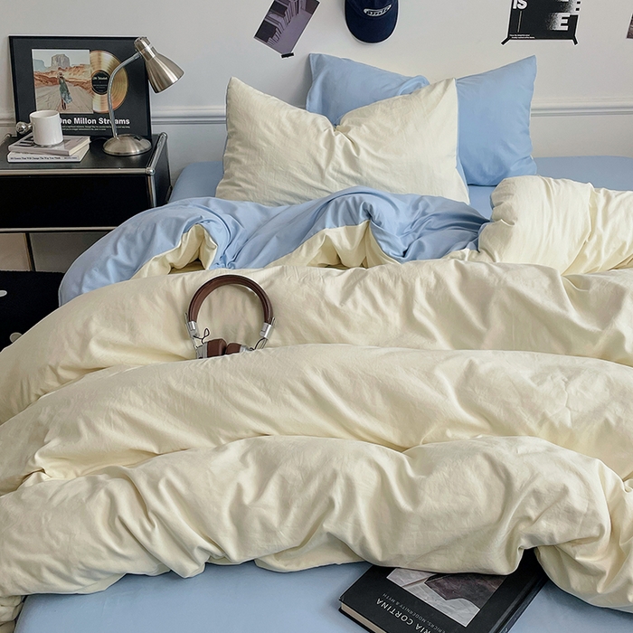 91家纺网 家纺一手货源 找家纺 梦卓家纺 2025爆款ins风超柔褶皱亲肤磨毛水洗棉四件套 天蓝椰冰