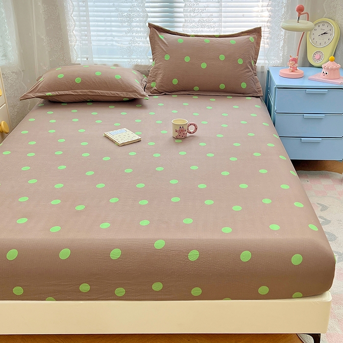 91家纺网 家纺一手货源 找家纺 梦舒羽 2025新款双层纱床笠机洗家用防滑透气床罩床垫床单保护套-缤纷波点 波点-卡其绿