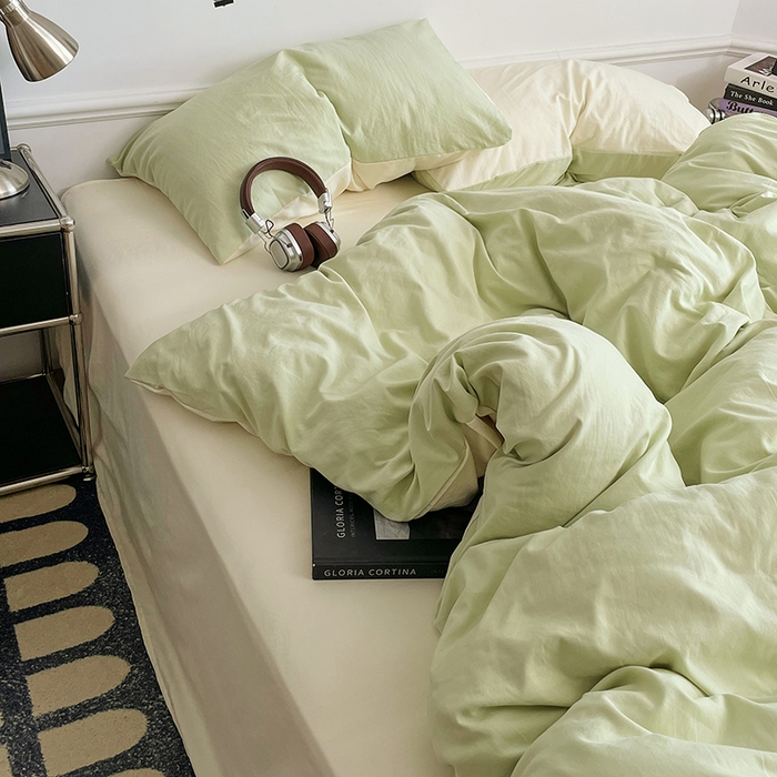 91家纺网 家纺一手货源 找家纺 梦卓家纺 2025爆款ins风超柔褶皱亲肤磨毛水洗棉四件套 奶酪薄荷