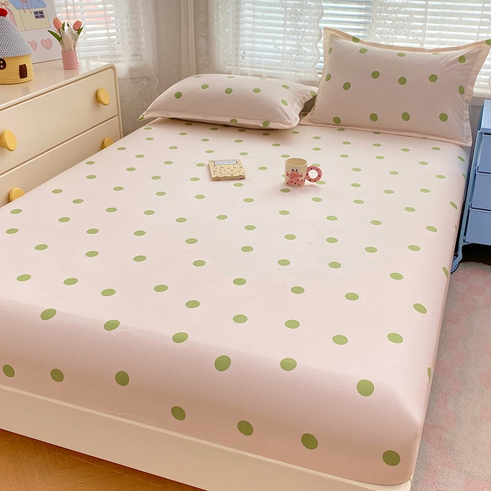 91家纺网 家纺一手货源 找家纺 梦舒羽 2025新款双层纱床笠机洗家用防滑透气床罩床垫床单保护套-缤纷波点 波点-清新绿