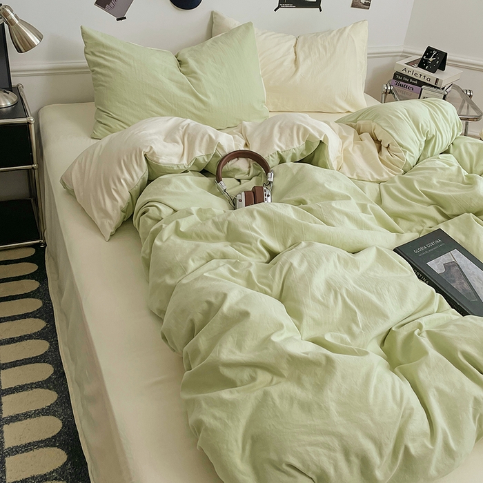 91家纺网 家纺一手货源 找家纺 梦卓家纺 2025爆款ins风超柔褶皱亲肤磨毛水洗棉四件套 奶酪薄荷