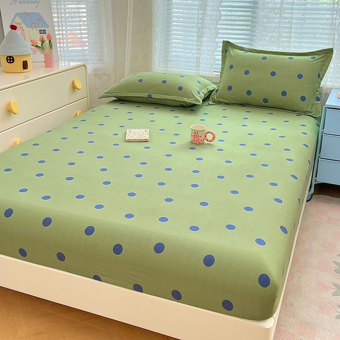 91家纺网 家纺一手货源 找家纺 梦舒羽 2025新款双层纱床笠机洗家用防滑透气床罩床垫床单保护套-缤纷波点 波点-布鲁蓝