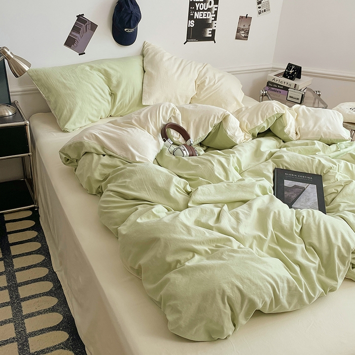 91家纺网 家纺一手货源 找家纺 梦卓家纺 2025爆款ins风超柔褶皱亲肤磨毛水洗棉四件套 奶酪薄荷