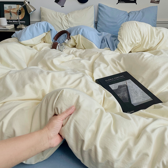 91家纺网 家纺一手货源 找家纺 梦卓家纺 2025爆款ins风超柔褶皱亲肤磨毛水洗棉四件套 天蓝椰冰