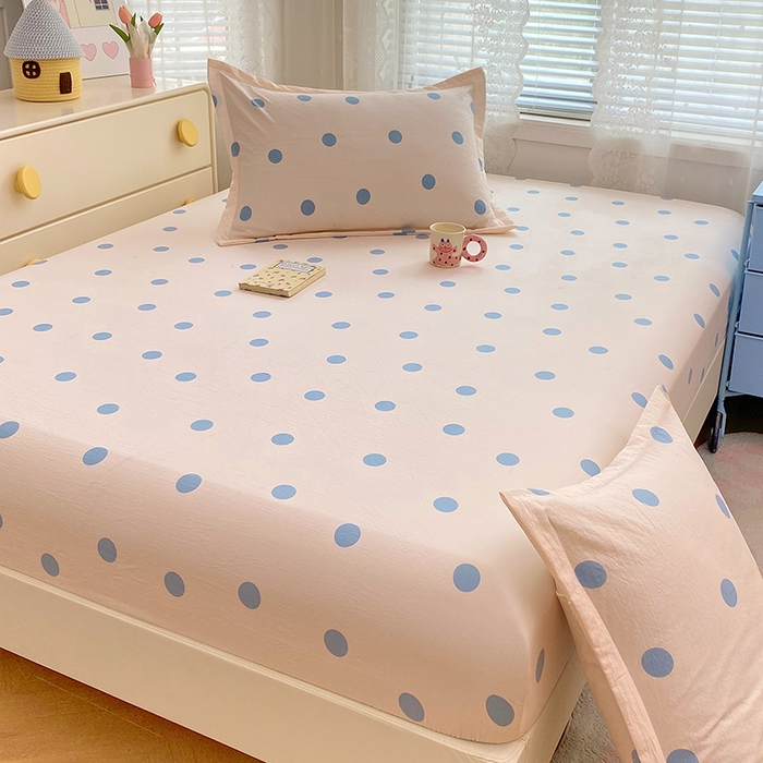 91家纺网 家纺一手货源 找家纺 梦舒羽 2025新款双层纱床笠机洗家用防滑透气床罩床垫床单保护套-缤纷波点 波点-浅天蓝