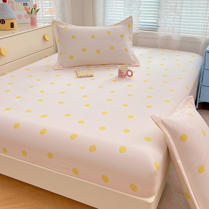 91家纺网 家纺一手货源 找家纺 梦舒羽 2025新款双层纱床笠机洗家用防滑透气床罩床垫床单保护套-缤纷波点 波点-向阳黄