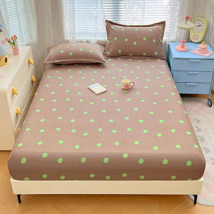 91家纺网 家纺一手货源 找家纺 梦舒羽 2025新款双层纱床笠机洗家用防滑透气床罩床垫床单保护套-缤纷波点 波点-卡其绿