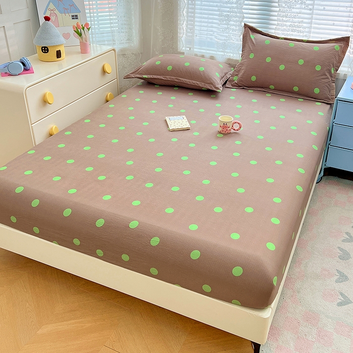 91家纺网 家纺一手货源 找家纺 梦舒羽 2025新款双层纱床笠机洗家用防滑透气床罩床垫床单保护套-缤纷波点 波点-卡其绿