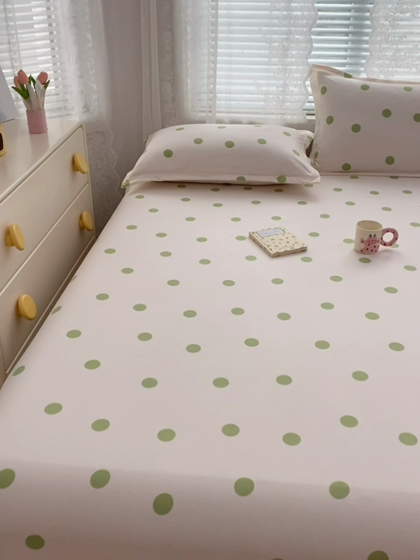 91家纺网 家纺一手货源 找家纺 梦舒羽 2025新款双层纱床笠机洗家用防滑透气床罩床垫床单保护套-缤纷波点 波点-清新绿