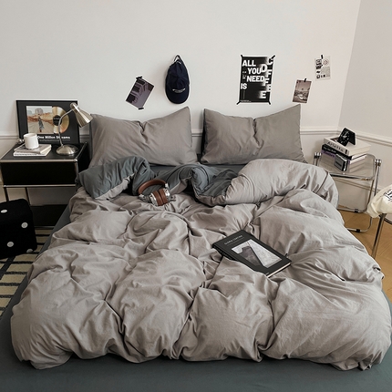 梦卓家纺 2025爆款ins风超柔褶皱亲肤磨毛水洗棉四件套 深灰魅影