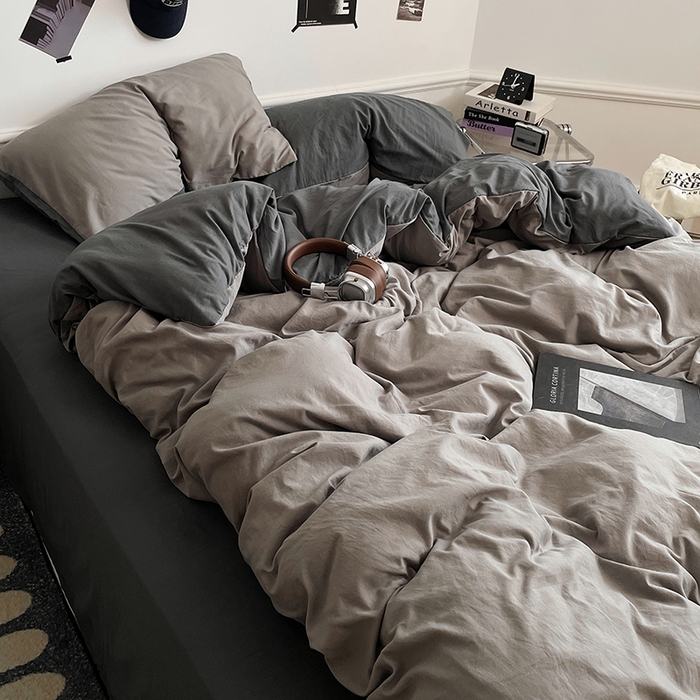 91家纺网 家纺一手货源 找家纺 梦卓家纺 2025爆款ins风超柔褶皱亲肤磨毛水洗棉四件套 深灰魅影