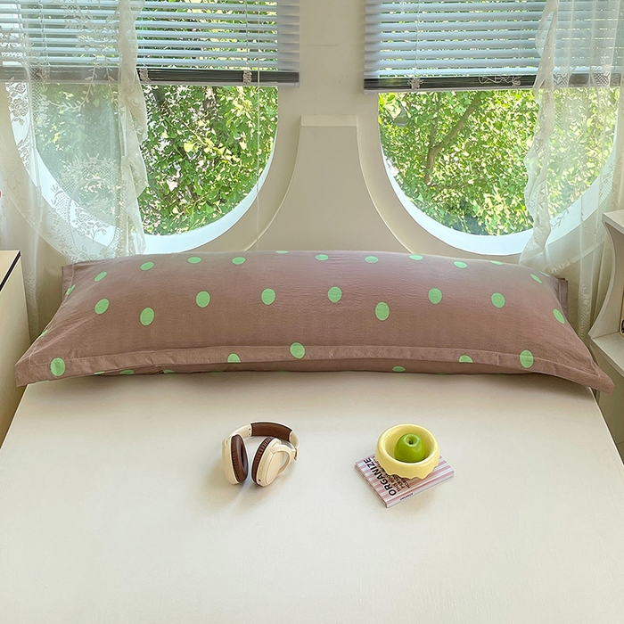 91家纺网 家纺一手货源 找家纺 梦舒羽 2025新款双层纱双人枕套情侣学生长枕芯套枕头内胆套-缤纷波点 波点-卡其绿