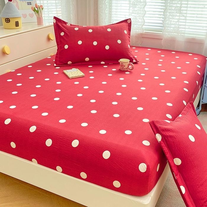 91家纺网 家纺一手货源 找家纺 梦舒羽 2025新款双层纱床笠机洗家用防滑透气床罩床垫床单保护套-缤纷波点 波点-大红色