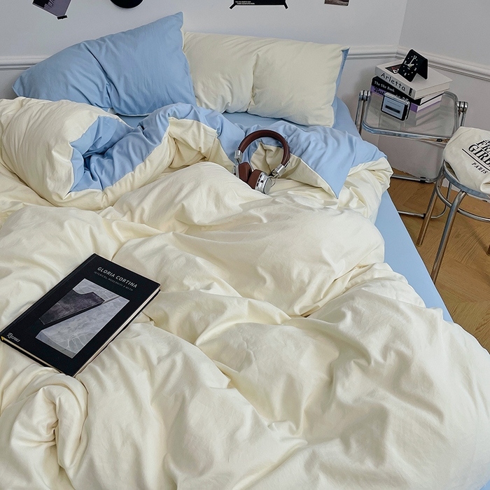 91家纺网 家纺一手货源 找家纺 梦卓家纺 2025爆款ins风超柔褶皱亲肤磨毛水洗棉四件套 天蓝椰冰