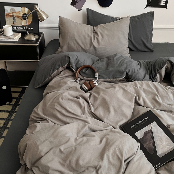 91家纺网 家纺一手货源 找家纺 梦卓家纺 2025爆款ins风超柔褶皱亲肤磨毛水洗棉四件套 深灰魅影