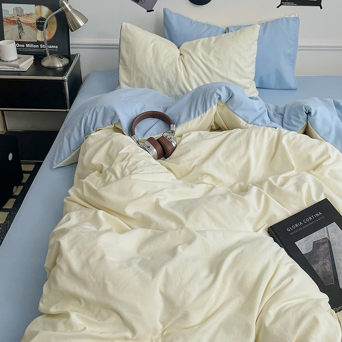 91家纺网 家纺一手货源 找家纺 梦卓家纺 2025爆款ins风超柔褶皱亲肤磨毛水洗棉四件套 天蓝椰冰