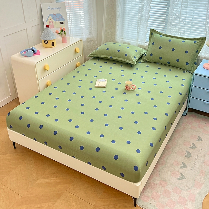 91家纺网 家纺一手货源 找家纺 梦舒羽 2025新款双层纱床笠机洗家用防滑透气床罩床垫床单保护套-缤纷波点 波点-布鲁蓝