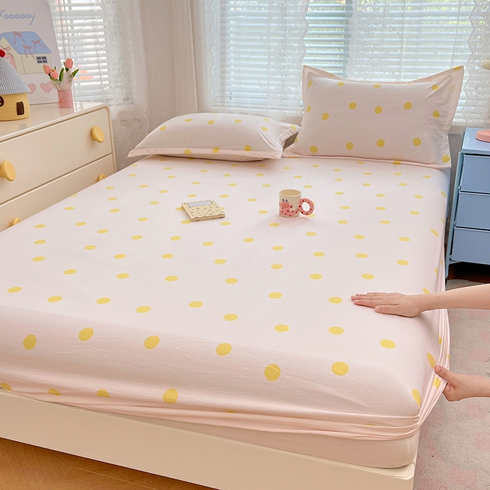 91家纺网 家纺一手货源 找家纺 梦舒羽 2025新款双层纱床笠机洗家用防滑透气床罩床垫床单保护套-缤纷波点 波点-向阳黄