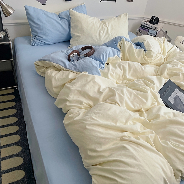 91家纺网 家纺一手货源 找家纺 梦卓家纺 2025爆款ins风超柔褶皱亲肤磨毛水洗棉四件套 天蓝椰冰