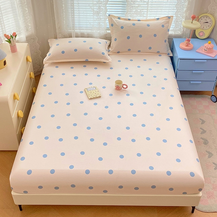 91家纺网 家纺一手货源 找家纺 梦舒羽 2025新款双层纱床笠机洗家用防滑透气床罩床垫床单保护套-缤纷波点 波点-浅天蓝