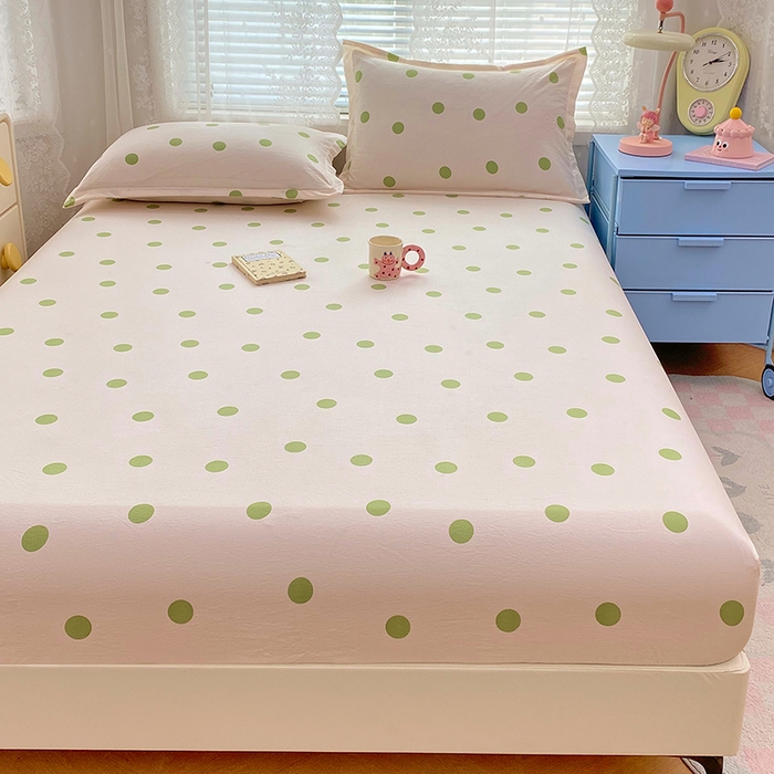 91家纺网 家纺一手货源 找家纺 梦舒羽 2025新款双层纱床笠机洗家用防滑透气床罩床垫床单保护套-缤纷波点 波点-清新绿