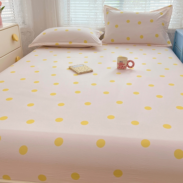 91家纺网 家纺一手货源 找家纺 梦舒羽 2025新款双层纱床笠机洗家用防滑透气床罩床垫床单保护套-缤纷波点 波点-向阳黄