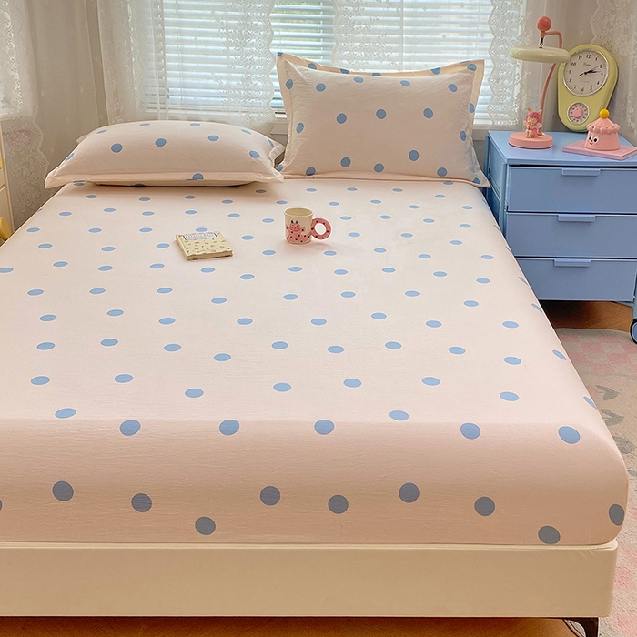 91家纺网 家纺一手货源 找家纺 梦舒羽 2025新款双层纱床笠机洗家用防滑透气床罩床垫床单保护套-缤纷波点 波点-浅天蓝