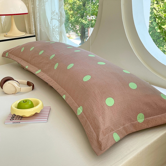 91家纺网 家纺一手货源 找家纺 梦舒羽 2025新款双层纱双人枕套情侣学生长枕芯套枕头内胆套-缤纷波点 波点-卡其绿