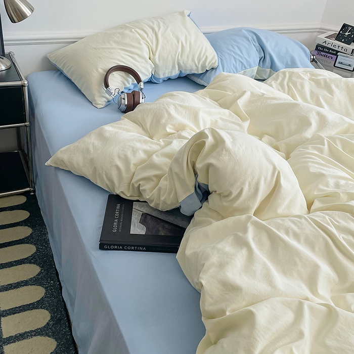 91家纺网 家纺一手货源 找家纺 梦卓家纺 2025爆款ins风超柔褶皱亲肤磨毛水洗棉四件套 天蓝椰冰